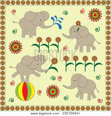 Four Cute Babies Elephants. Vector Illustration, Vector Card