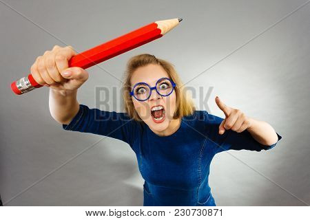 Angry Mad Woman Blonde Student Girl Or Female Teacher, Stressed Business Worker Releasing Tension By
