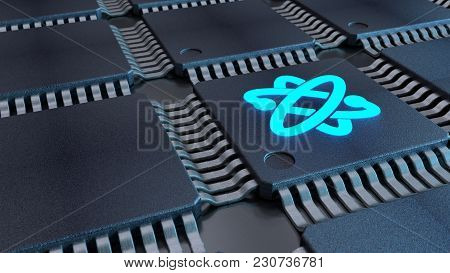Grid Of Black Chips With A Blue Atom Symbol Quantom Computing Concept 3d Illustration