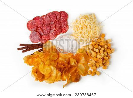 Snack To Beer On A Wooden Board. Basturma, Dried Meat, Dried Squid, Chips Isolated On White Backgrou