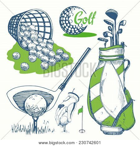Golf Set With Basket, Shoes, Car, Putter, Ball, Gloves, Flag, Bag. Vector Set Of Hand-drawn Sports E