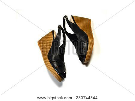 Pair Of Elegant Woman Black High-heel Shoes, Slingback Shoes, Chunky Heel Shoes, Isolated On White B