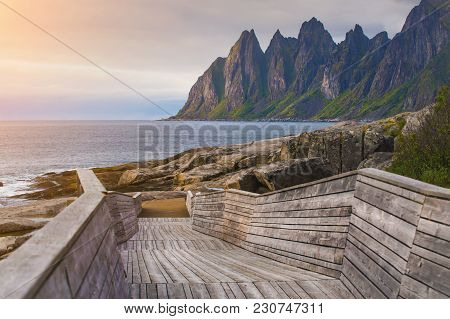Devil Teeth Rocks On Senja Island In Norway. Famous Stone Beach At Sunset.