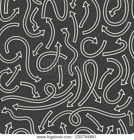 Seamless Pattern With Different Curved Arrows. Vector Illustration On Black Background.