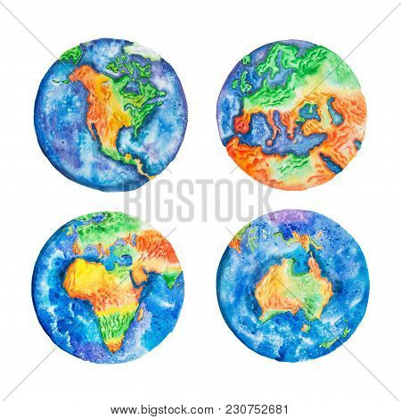 Globe. Watercolor Illustration Of Planet Earth Mainlands And Continents