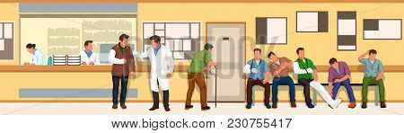 Illustration Of Wide Situations In Hospital With Patients And Doctors