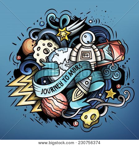 Cartoon Vector Doodles Joky Space Illustration. The Red Car In Outer Space. Colorful, Detailed, With