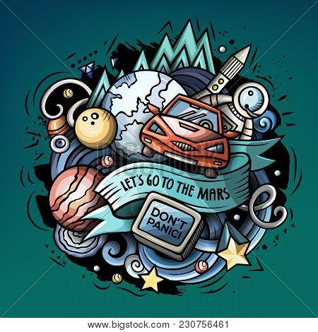 Cartoon Vector Doodles Joky Space Illustration. The Red Car In Outer Space. Colorful, Detailed, With