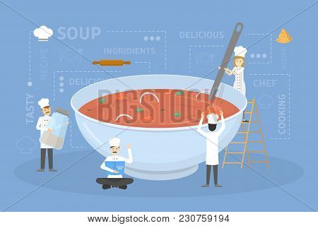 Cooking Giant Soup. Chefs In Uniform Building Food.