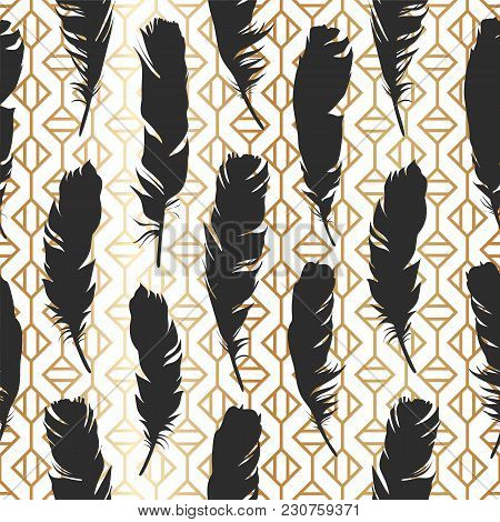 Seamless Black Illustration With Feathers On A Gold Geometricbackground. Natural Vector Pattern. Boh
