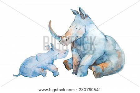 Watercolor Rhino Family. Cute Little Rhinoceros With His Mom Isolated On White Background. Rhino Mot