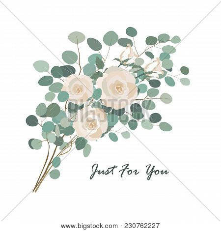 Vector Floral Bouquet With Rose Flower And Eucalyptus Branch Greenery. Vector Design Element Isolate