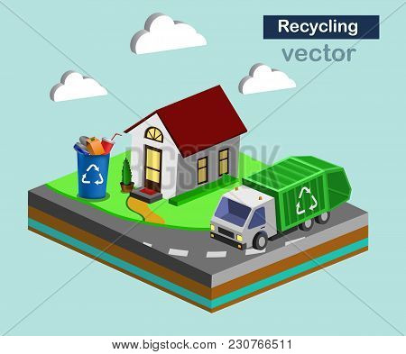 Beautiful Small Isometric House On Green Ground Isolated On White. Resycling And Non Wasteful Concep