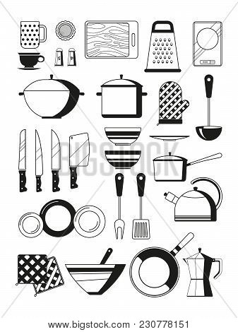 Monochrome Illustrations Of Kitchen Tools. Vector Silhoette Of Restaurant Utensil. Kitchen Tool And 