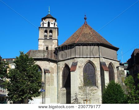 Back Elevation Of Swiss St. Pierre Cathedral Of Geneva City In Switzerland, Medieval Gothic Reformed