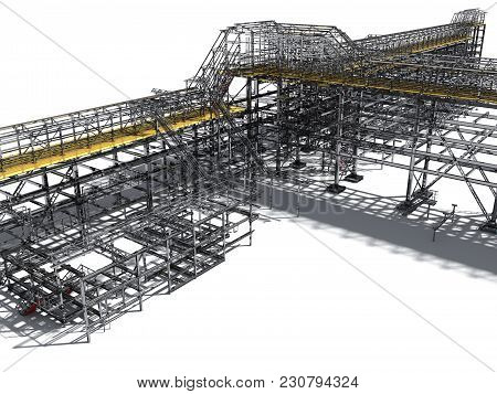Shiny Overpass For Cables, Gas And Oil Pipelines From Columns, Beams And Ties. Architectural, Engine