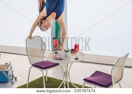 Woman Upstairs On The Table Ready For Dinner.