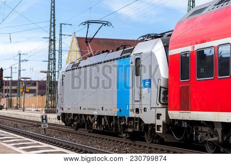 Fuerth / Germany - March 11, 2018: Re Regional Express Train From Deutsche Bahn Passes Train Station