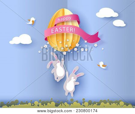 Happy Easter Card With Banny, Flowers And Egg Air Balloon Woth Blue Sky Background. Vector Illustrat