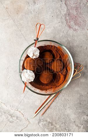 Cacao Truffle And White Snow Candy . Finger Snack