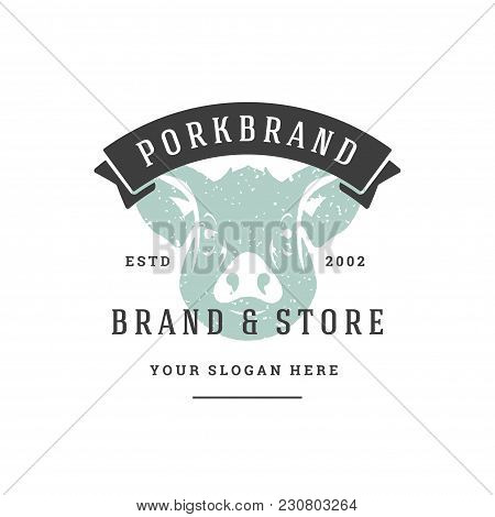 Pig Hand Drawn Logo Isolated On White Background Vector Illustration For Labels, Badges, T-shirt And