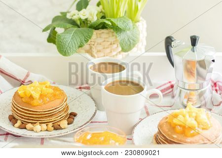 Romantic Breakfast For 2. Pancakes With Orange Jam And Nuts On Vintage Provence Plates And 2 White C
