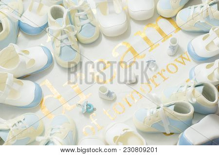 Dream Of Tomorrow. Many Pairs Of Baby Boy Newborn Blue And White Booties Sweet Light Stylish Frame O