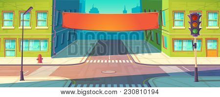 Vector Street Banner, Poster. Urban Advertising, Promotion Mockup. Template Of Placard Between Multi