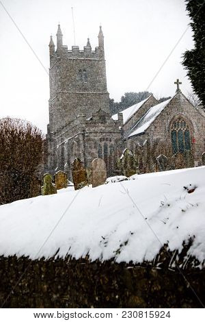 Drewsteignton, Devon, United Kingdom, 01/03/2018:- Snow Covered Church During The Beast From The Eas