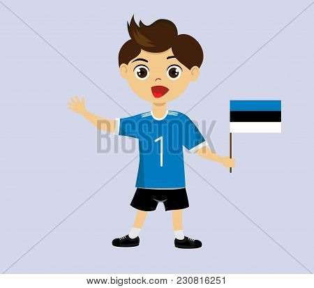 Fan Of Estonia National Football, Hockey, Basketball Team, Sports. Boy With Estonia Flag In The Colo