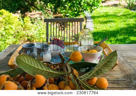 Healthy Breakfast Meal On A Table In The Garden On Sunny Day