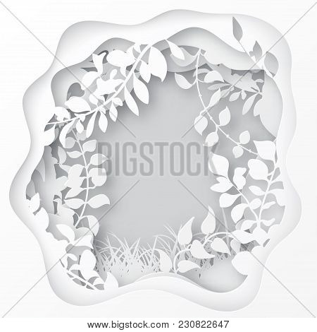 Paper Art Spring Or Summer Forest With Grass, Tree Branches With Leaves, Trees Covered With Climbers