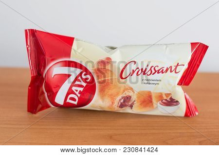 Pruszcz Gdanski, Poland - March 5, 2018: 7 Days Croissant With Cocoa Cream.