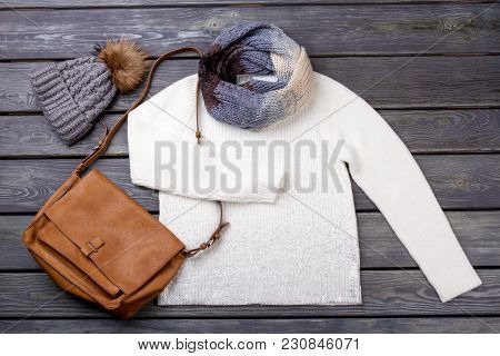 Layout Clothing For Cold Winter. White Sweater, Handbag, Hat With Bombom And Scarf.