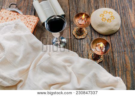 Symbols Of Passover Background. Wine And Matzoh Jewish Holiday Bread Over Wooden Board.