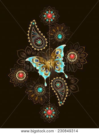 Asymmetric Pattern With Precious Turquoise Butterfly And Abstract Jewelery Colors Adorned With Turqu