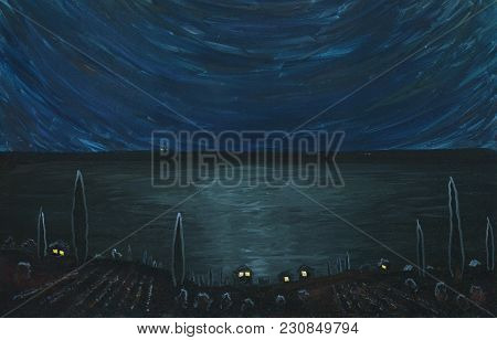Night In A Seaside Village. Houses With Lights In The Windows. There Is Wide Moon Walk On The Sea Su