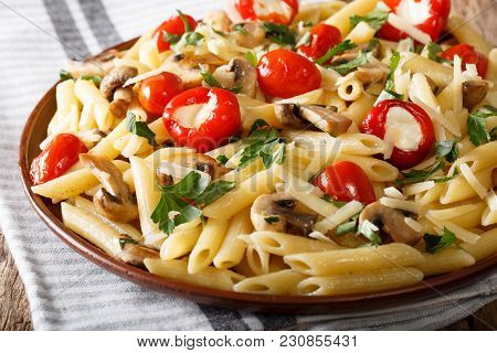 Vegetarian Food: Pasta Penne With Champignons, Tomatoes, Stuffed Peppers Close-up. Horizontal