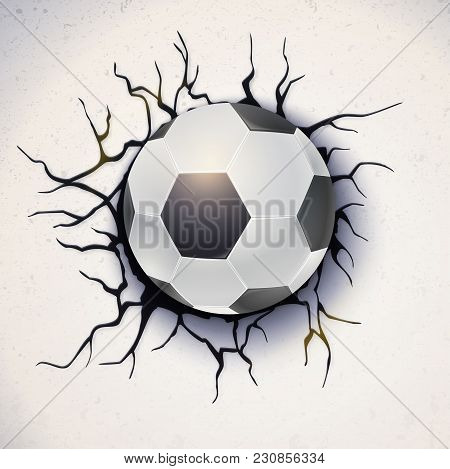 Football Ball On The Background Of A Broken-down Wall With Cracked Plaster. Soccer Ball Damaged The 