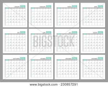 Set Identical Light Calendars, 2019, Months, Flat. Diary For Notes, Scheduling, Marks Of Important D
