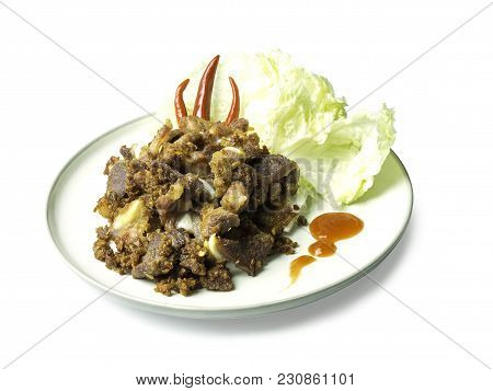 Fried Sour Pork, Fermented Pork With Sauce, Vegetable And Chili On Dish Isolated On White Background