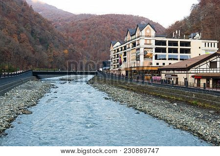 Sochi, Russia - 8 May, 2016: Baywalk Nearby Rosa Khutor. Olympic Village Roza Khutor.