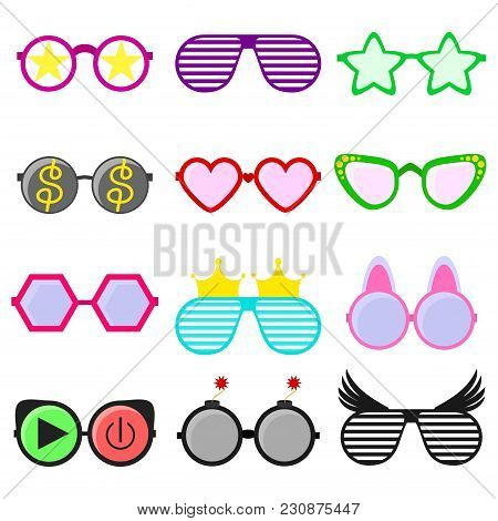 Vector Party Sunglasses Or Eyeglasses Set In Funny Shape. Accessories For Hipsters Fashion Optical S