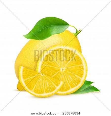 Lemon. Fruit With Half And Leaves Isolated On White.