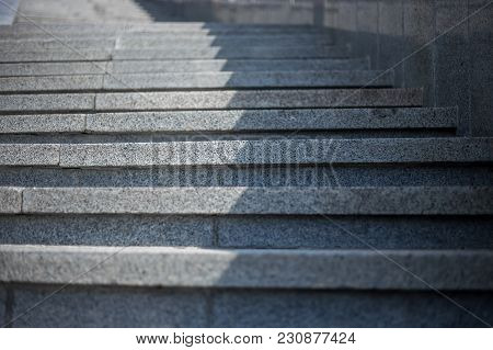 Stone Gray Steps, Going Up, Front View, Close Up. Wide Concrete Staircase Designed For Pedestrian Tr
