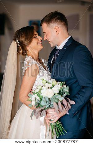 First Meeting Of Bride And Groom In The Bridal Apartments Before Wedding Ceremony