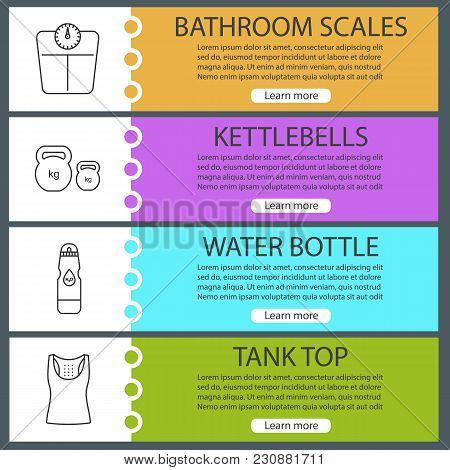 Fitness Web Banner Templates Set. Sport Equipment. Bathroom Scales, Kettlebells, Water Bottle, Tank 