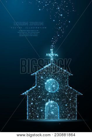 Church Building. Polygonal Wireframe Mesh On Blue Night Sky Night Sky With Dots, Stars And Looks Lik