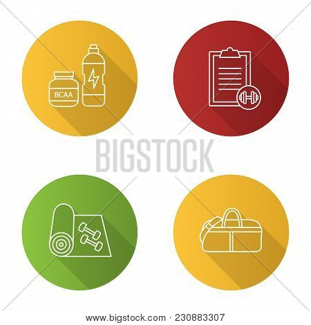 Fitness Flat Linear Long Shadow Icons Set. Sports Equipment. Bcaa Supplement, Exercise Guide, Fitnes