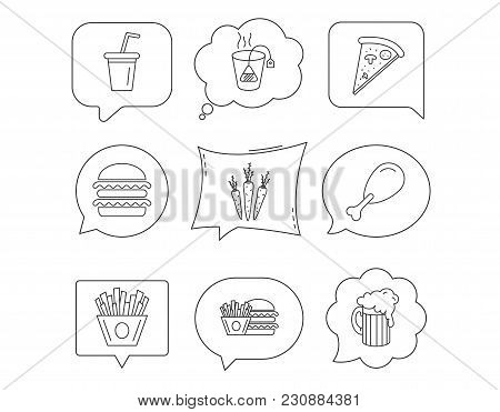 Hamburger, Pizza And Soft Drink Icons. Beer, Tea Bag And Chips Fries Linear Signs. Chicken Leg, Carr